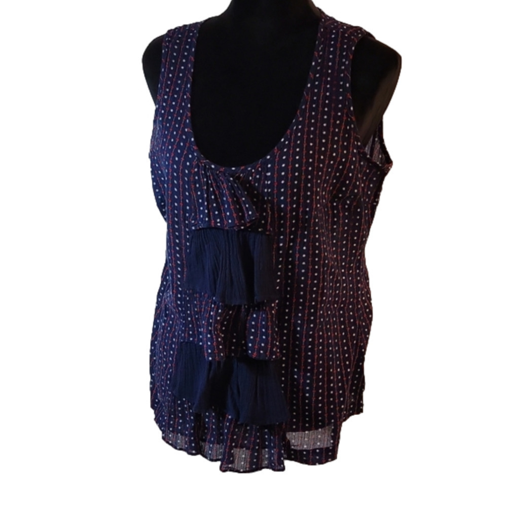 TOMMY Hilfiger Navy Blue Red And White Sleeveless Ruffled Floral Top Size Large